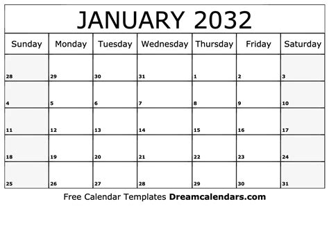 January 2032 Calendar Free Blank Printable With Holidays