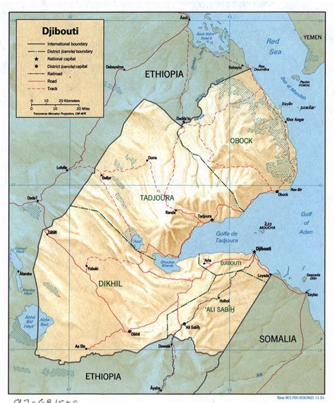Grande detallado mapa político y administrativo de Yibuti con relieve