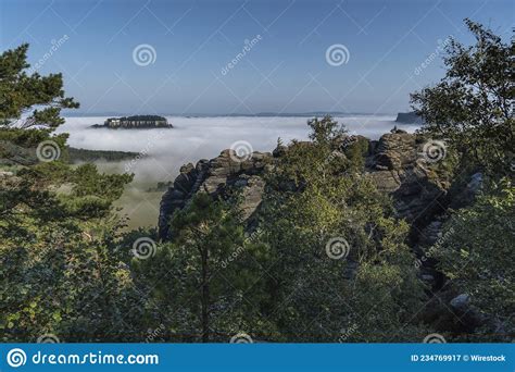 Morning Mood With Fog In The Elbe Sandstone Mountains Stock Image