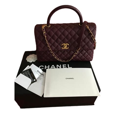 Chanel Coco Handle Medium Bag Burgundy Caviar Lizard Gold New