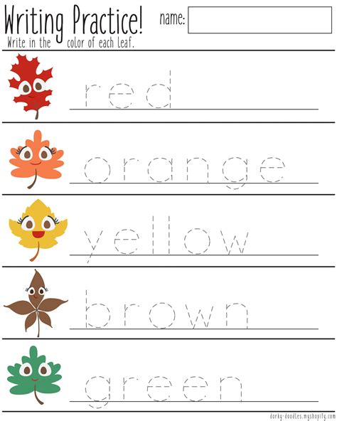 Basic print trace or hollow letters appear on your worksheet. Leaves Color and Writing Practice - Dorky Doodles