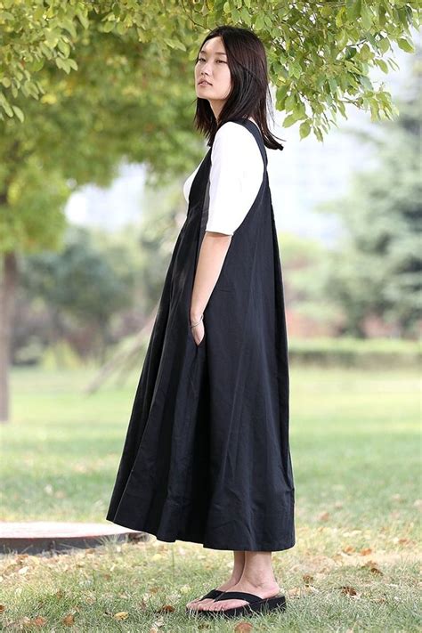 Black Pinafore Dress Loose Fitting Cool Long Black Maxi Etsy Robe