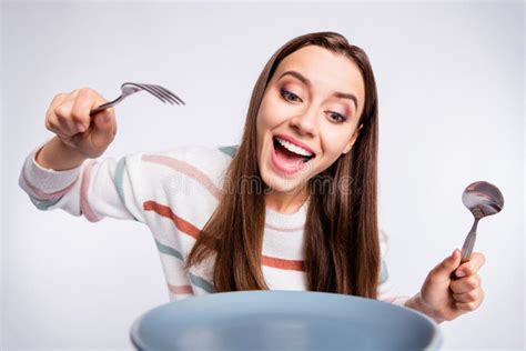 Hungry Lady Holding Fork And Spoon Can`t Wait To Start Eating Wear Striped Pullover Isolated