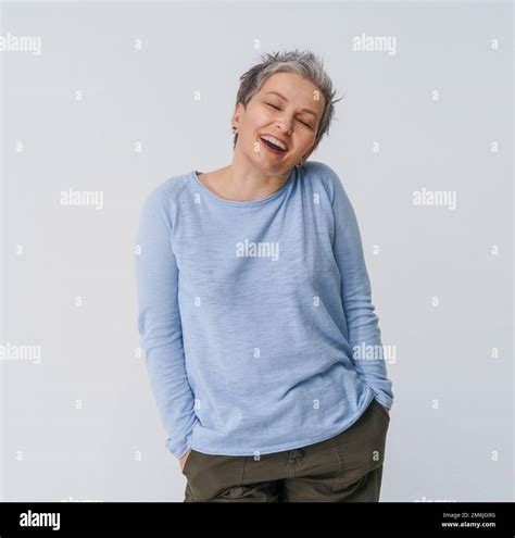 Happy Smiling Grey Hair Mature Woman 50s Posing Shoulders Slightly Up
