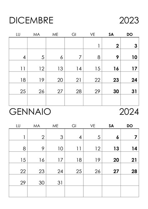 Calendario Dicembre 2023 Gennaio 2024 Calendariosu
