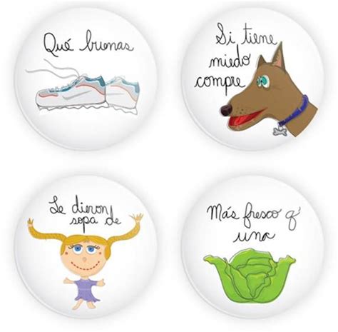 Four Buttons With Different Types Of Cartoon Characters And Words On