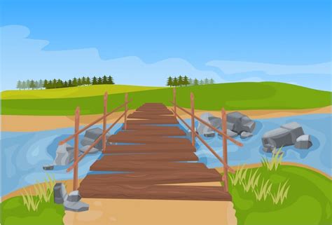 Cartoon Of The Small Wooden Bridge In The Woods Premium Vector