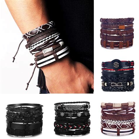 17IF Vintage Leaf Feather Multilayer Leather Bracelet Men Fashion