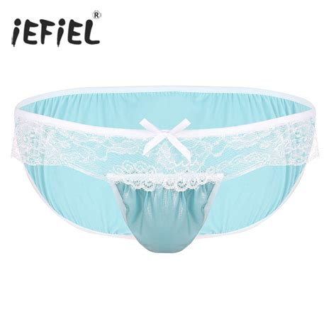 Iefiel Mens Lingerie Soft Shiny Fabric Floral Lace Low Rise Stretchy Sissy Bikini Briefs