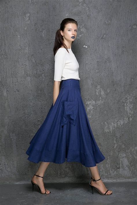 Created In Soft Linen This Chic Royal Blue Midi Skirt Features Big