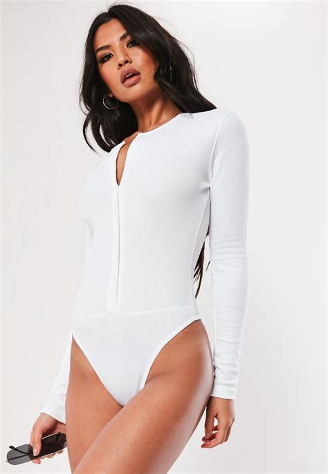 Missguided White Button Front Ribbed Bodysuit Ribbed Bodysuit