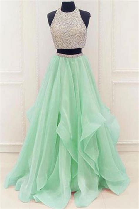 Green Two Pieces Tulle Round Neck Long Prom Dresses Green Evening