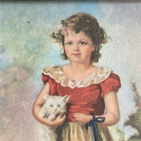 Vintage Jane Freeman Chums Girl And Kitten Wood Framed Print 105 X 12