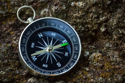 Kompass Auf Den Felsen Im Wald Gelegt Nahaufnahme Und Kopierraum
