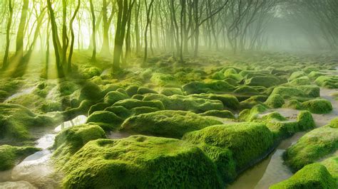 Nature Landscape Water Trees Forest Moss Mist Stones Sun Rays
