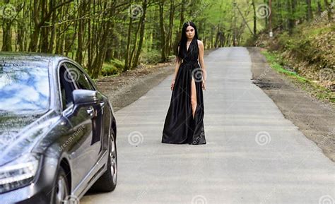 Girl Elegant Dress At Road Escort Concept Glamorous Girl And Luxury Car Escort And Sexual