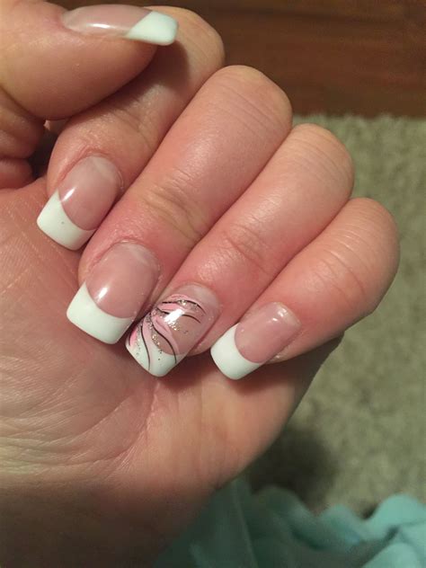 French Manicure Shallac Gel Nails With Pink Sparkly Ring Finger Design