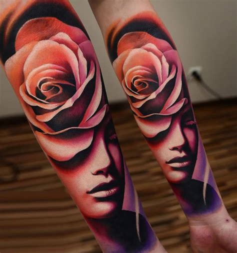 Incredible Red Rose And Girl Face Tattoo On Forearm Gp