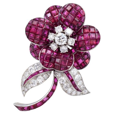 Sabbadini Invisible Set Gold Ruby And Diamond Flower Brooch For Sale At