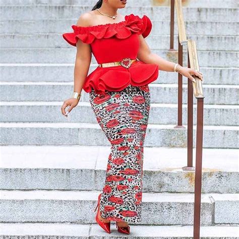 Red African Women Dress 2019 Sexy Ruffles Slash Neck Long Dresses