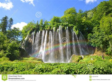 Waterfalls With Rainbow In Plitvice Lakes National Park Croatia Stock