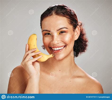 beauty face portrait and woman with banana phone call for facial skincare glow fruit detox or