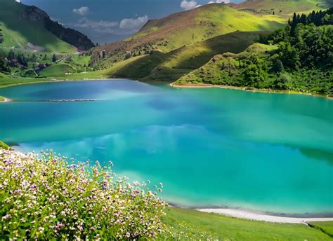 Premium Ai Image A Serene Turquoise Lake Nestled In A Valley