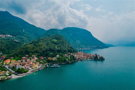 Aerial View Of Varenna Village On A Coast Of Como Lake Italy Stock