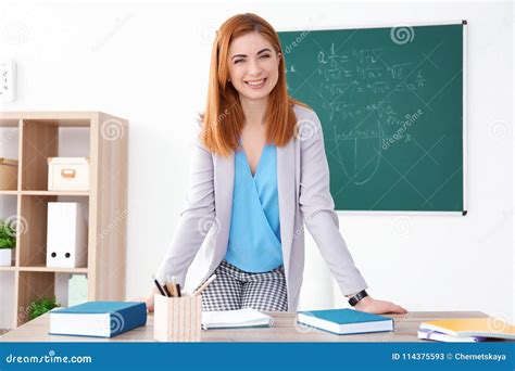 Beautiful Young Teacher Standing Near Table Stock Image Image Of