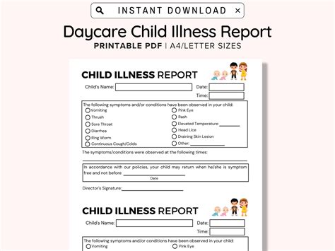 Child Illness Notice Printable Daycare Printable Child Sick Etsy