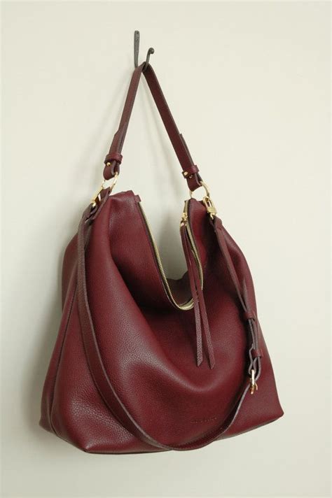 Burgundy Leather Hobo Bag Top Handle Bag Pebbled Italian Leather Tote