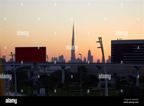 Dubai Skyline With Burj Khalifa Skyscraper At Sunset Clear Sky With