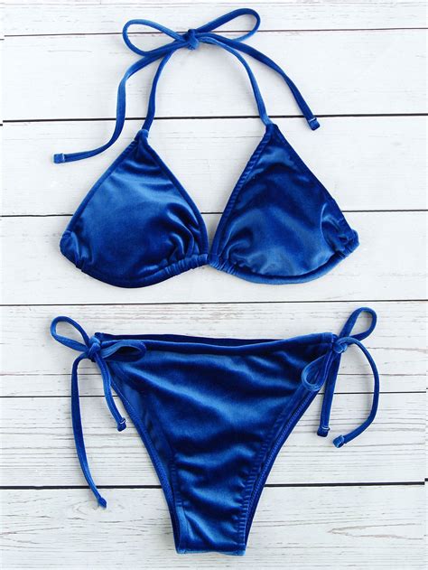 shop blue bow tie velvet triangle bikini set online shein offers blue bow tie velvet triangle
