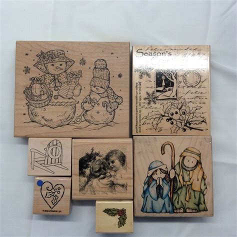 Christmas Wood Mounted Rubber Stamps Lot Of 7 Snowman Santa Etsy