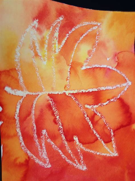 Water Colour Painted Over White Crayon Outlines Of Leaves Preschool