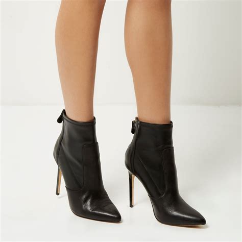 River Island Black Leather Stretch Heeled Ankle Boots In Black Lyst