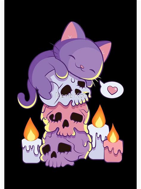 Purple Cat On Skulls Creepy Cute Aesthetic Anime Kawaii Pastel Goth