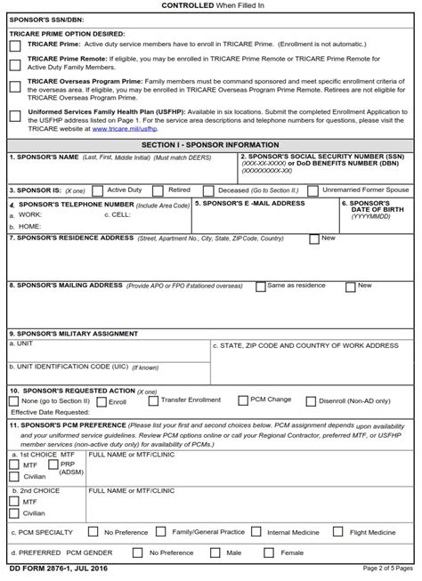 Dd Form 2876 1 Tricare Prime Enrollment Disenrollment And Primary