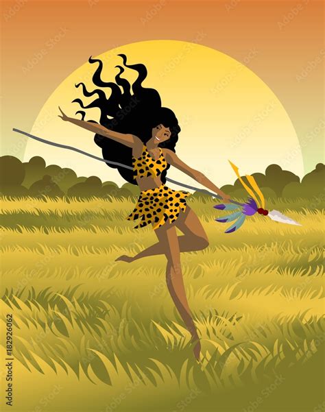 Wild African Huntress Jumping In The Jungle Stock Vector Adobe Stock