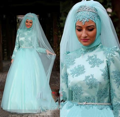 Muslim Hijab Long Sleeve Light Blue Wedding Gown In Wedding Dresses From Weddings And Events On