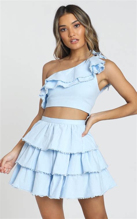 rooftop spritz two piece mini skirt set in powder blue showpo vegas dresses short summer