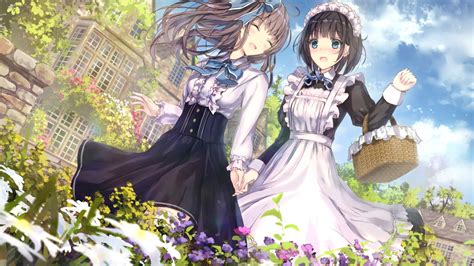 Download 1920x1080 Maid Outfit Garden Anime Girls Flowers Smiling