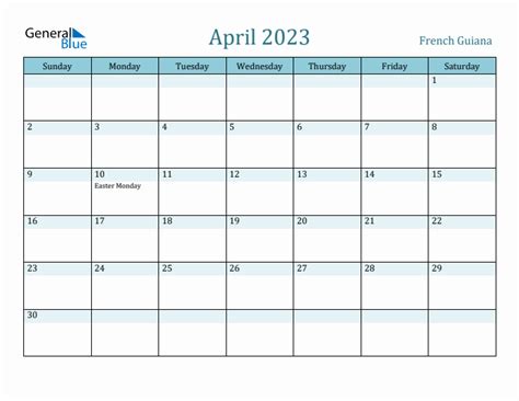 April 2023 Monthly Calendar With French Guiana Holidays