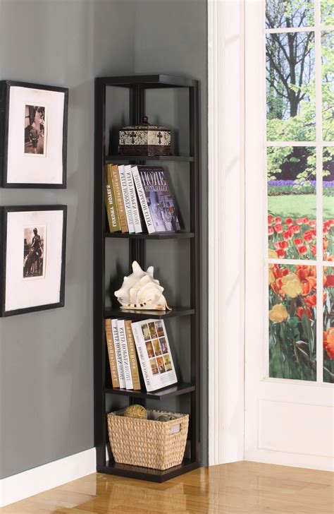 Crandall Corner Bookcase Espresso Wood Corner Shelf Design Corner