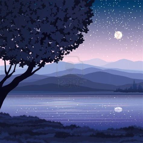 Vector Night Landscape With Mountains Lake And Tree On A Starry Sky