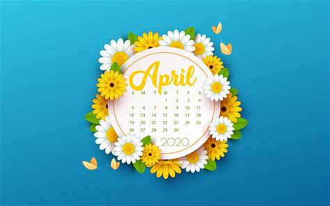 Download Wallpapers 2020 April Calendar Blue Background With Flowers