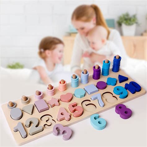 Wooden Geometric Shapes Stacking Rings Number Matching Shape Sorter Sorting Toy Stacking Game