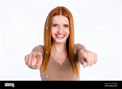 Photo Of Impressed Sweet Ginger Lady Wear Beige Shirt Smiling Pointing Fingers You Isolated