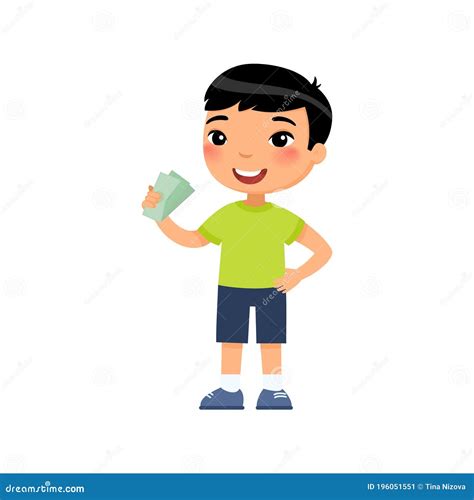 Little Asian Boy With Money In Hand Flat Vector Illustration Stock