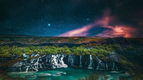 1920x1080 Stars Waterfall Aurora Borealis Sky Night